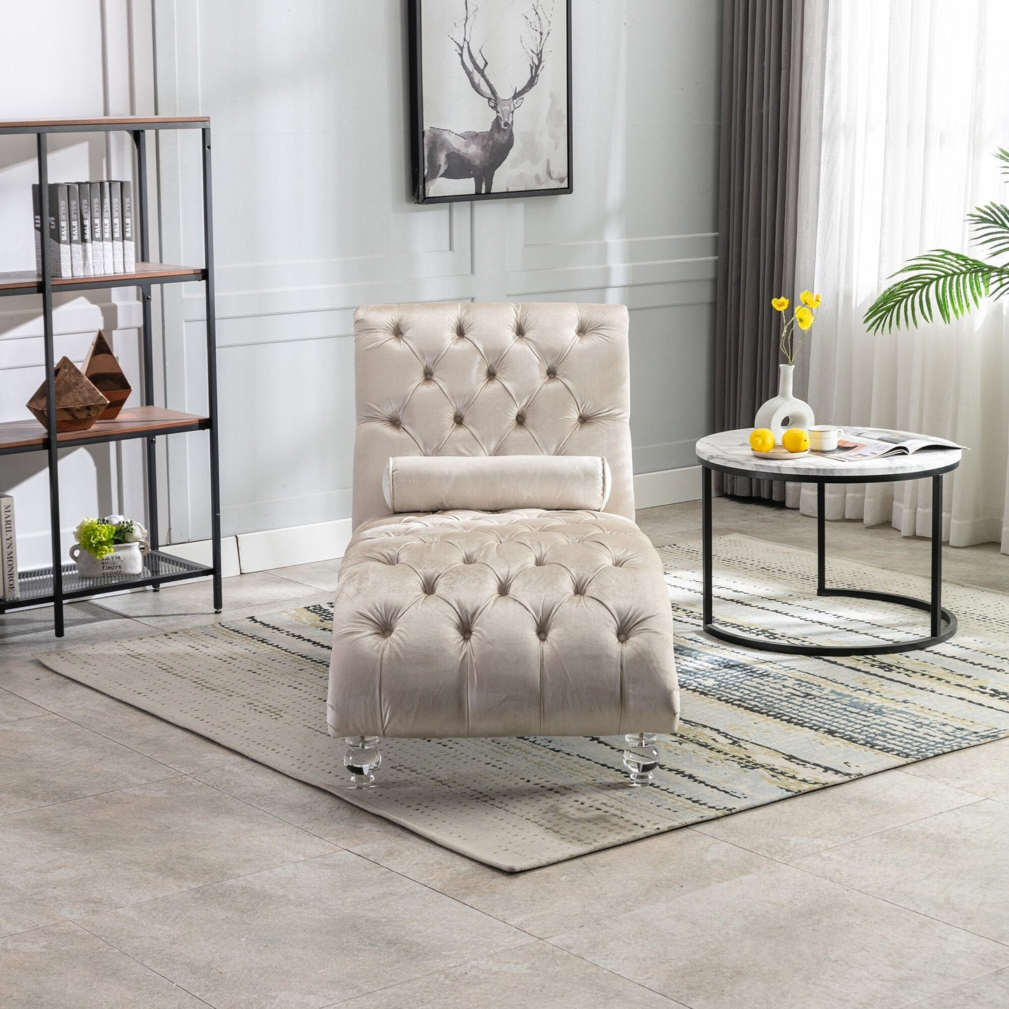 Velvet Tufted Chaise Lounge Chair Ergonomic S Shape Recliner with Pillow, Nailhead Trim and Acrylic Legs for Indoor Use