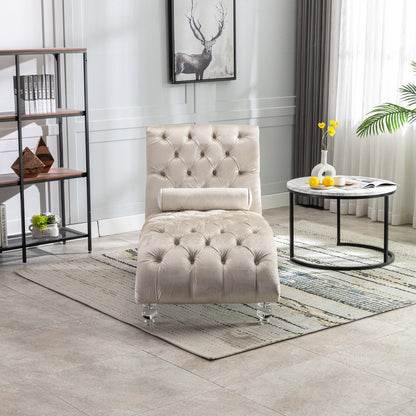 Velvet Tufted Chaise Lounge Chair Ergonomic S Shape Recliner with Pillow, Nailhead Trim and Acrylic Legs for Indoor Use