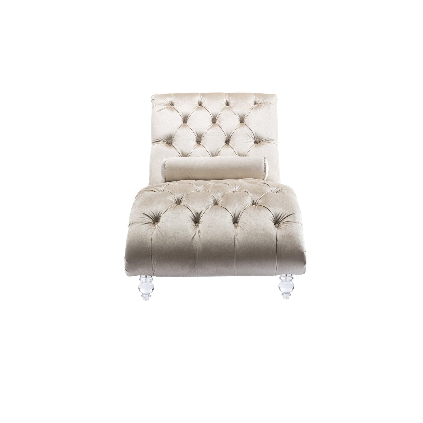 Velvet Tufted Chaise Lounge Chair Ergonomic S Shape Recliner with Pillow, Nailhead Trim and Acrylic Legs for Indoor Use