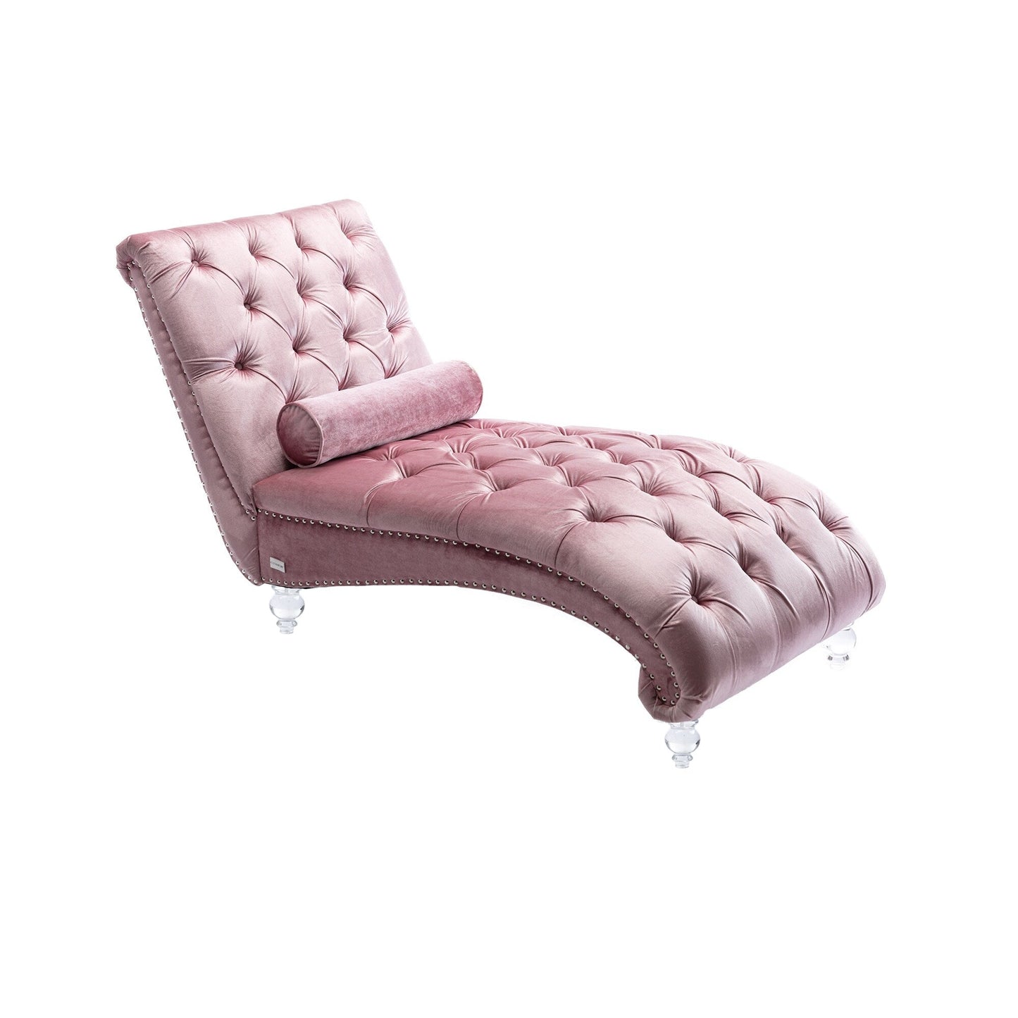 Velvet Tufted Chaise Lounge Chair Ergonomic S Shape Recliner with Pillow, Nailhead Trim and Acrylic Legs for Indoor Use