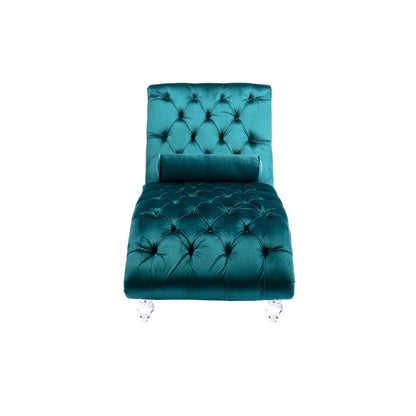 Velvet Tufted Chaise Lounge Chair Ergonomic S Shape Recliner with Pillow, Nailhead Trim and Acrylic Legs for Indoor Use