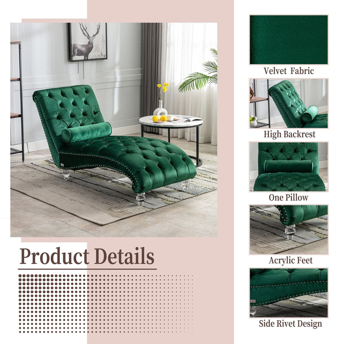 Velvet Tufted Chaise Lounge Chair Ergonomic S Shape Recliner with Pillow, Nailhead Trim and Acrylic Legs for Indoor Use