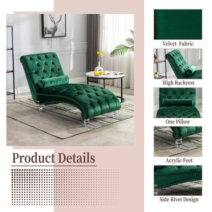 Velvet Tufted Chaise Lounge Chair Ergonomic S Shape Recliner with Pillow, Nailhead Trim and Acrylic Legs for Indoor Use