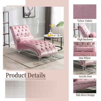 Velvet Tufted Chaise Lounge Chair Ergonomic S Shape Recliner with Pillow, Nailhead Trim and Acrylic Legs for Indoor Use