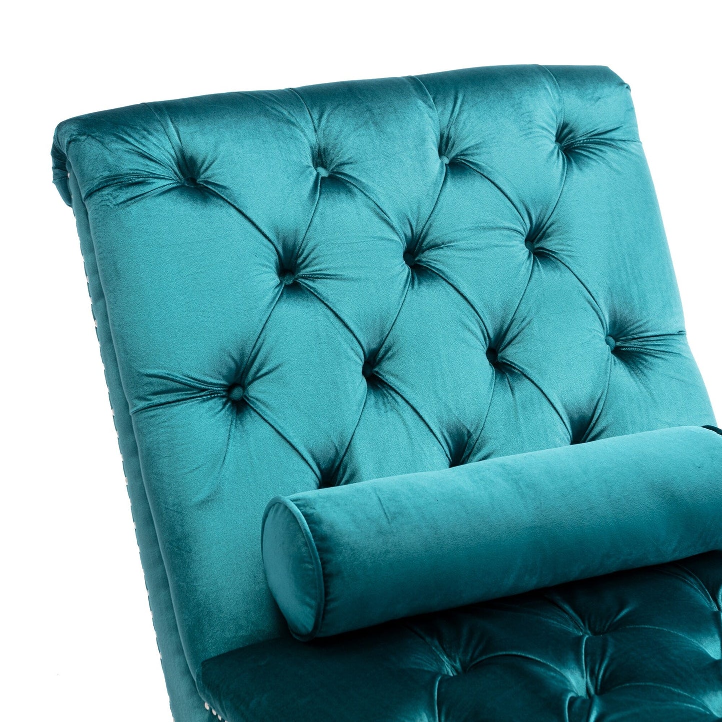 Velvet Tufted Chaise Lounge Chair Ergonomic S Shape Recliner with Pillow, Nailhead Trim and Acrylic Legs for Indoor Use