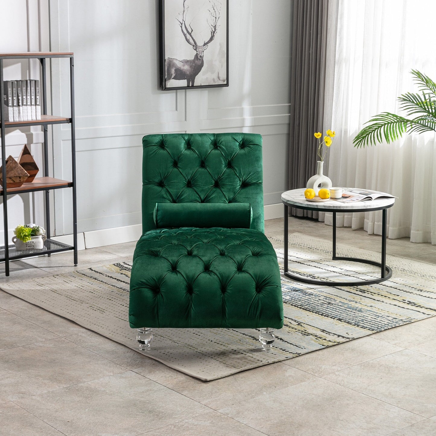 Velvet Tufted Chaise Lounge Chair Ergonomic S Shape Recliner with Pillow, Nailhead Trim and Acrylic Legs for Indoor Use