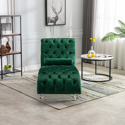 Velvet Tufted Chaise Lounge Chair Ergonomic S Shape Recliner with Pillow, Nailhead Trim and Acrylic Legs for Indoor Use