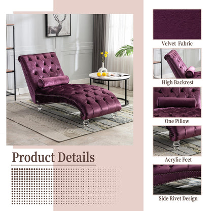 Velvet Tufted Chaise Lounge Chair Ergonomic S Shape Recliner with Pillow, Nailhead Trim and Acrylic Legs for Indoor Use