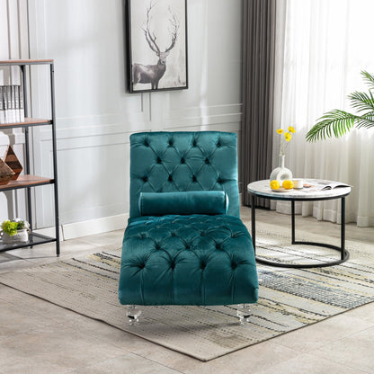 Velvet Tufted Chaise Lounge Chair Ergonomic S Shape Recliner with Pillow, Nailhead Trim and Acrylic Legs for Indoor Use