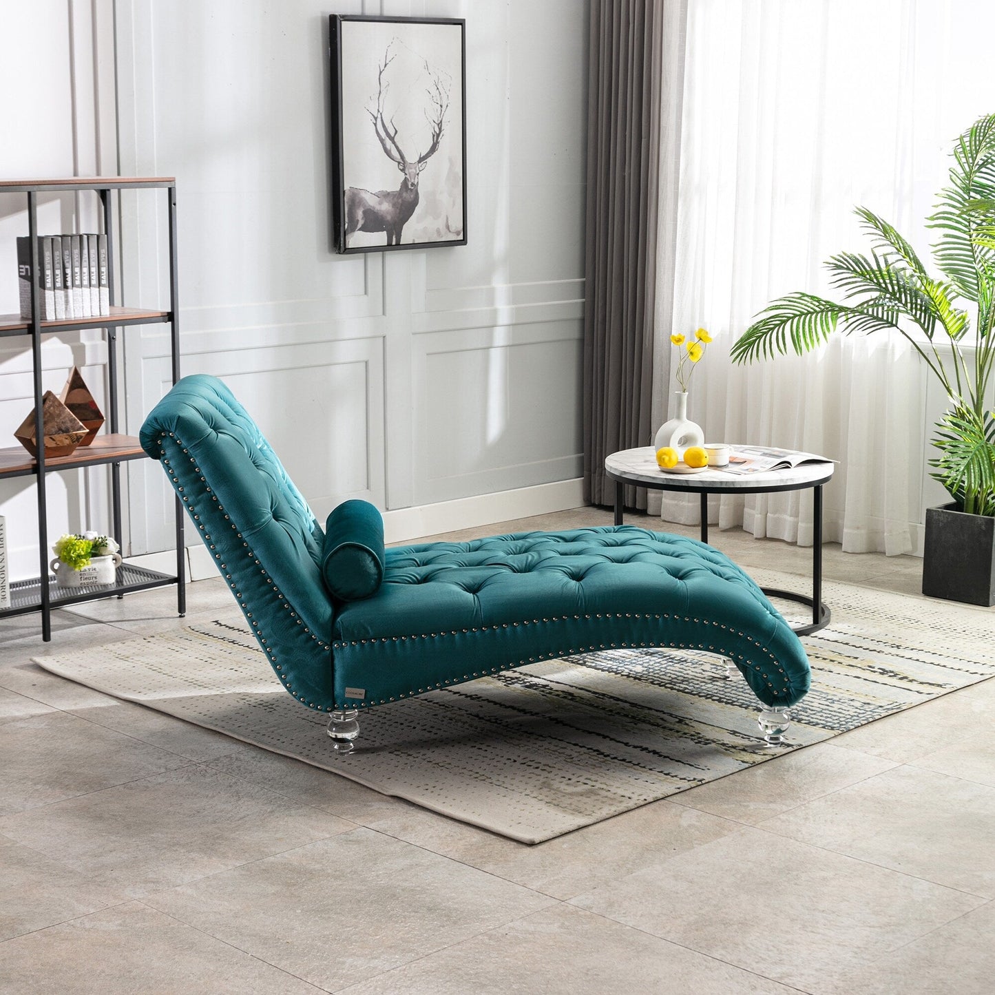 Velvet Tufted Chaise Lounge Chair Ergonomic S Shape Recliner with Pillow, Nailhead Trim and Acrylic Legs for Indoor Use
