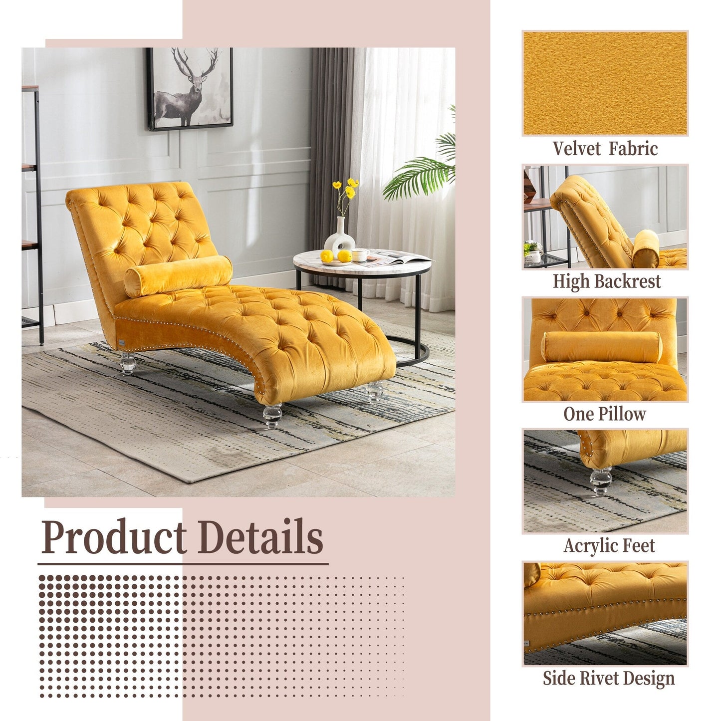 Velvet Tufted Chaise Lounge Chair Ergonomic S Shape Recliner with Pillow, Nailhead Trim and Acrylic Legs for Indoor Use