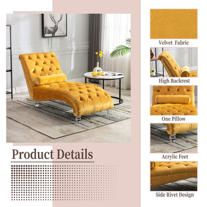 Velvet Tufted Chaise Lounge Chair Ergonomic S Shape Recliner with Pillow, Nailhead Trim and Acrylic Legs for Indoor Use