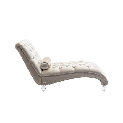 Velvet Tufted Chaise Lounge Chair Ergonomic S Shape Recliner with Pillow, Nailhead Trim and Acrylic Legs for Indoor Use