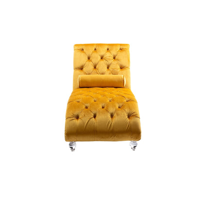 Velvet Tufted Chaise Lounge Chair Ergonomic S Shape Recliner with Pillow, Nailhead Trim and Acrylic Legs for Indoor Use
