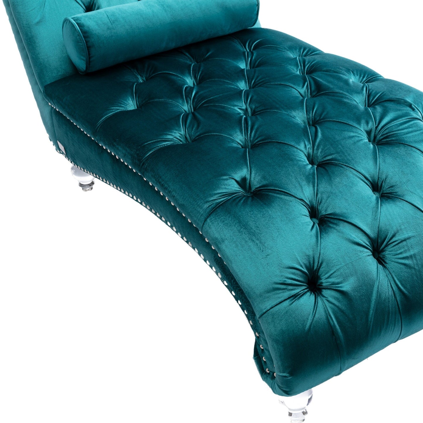 Velvet Tufted Chaise Lounge Chair Ergonomic S Shape Recliner with Pillow, Nailhead Trim and Acrylic Legs for Indoor Use