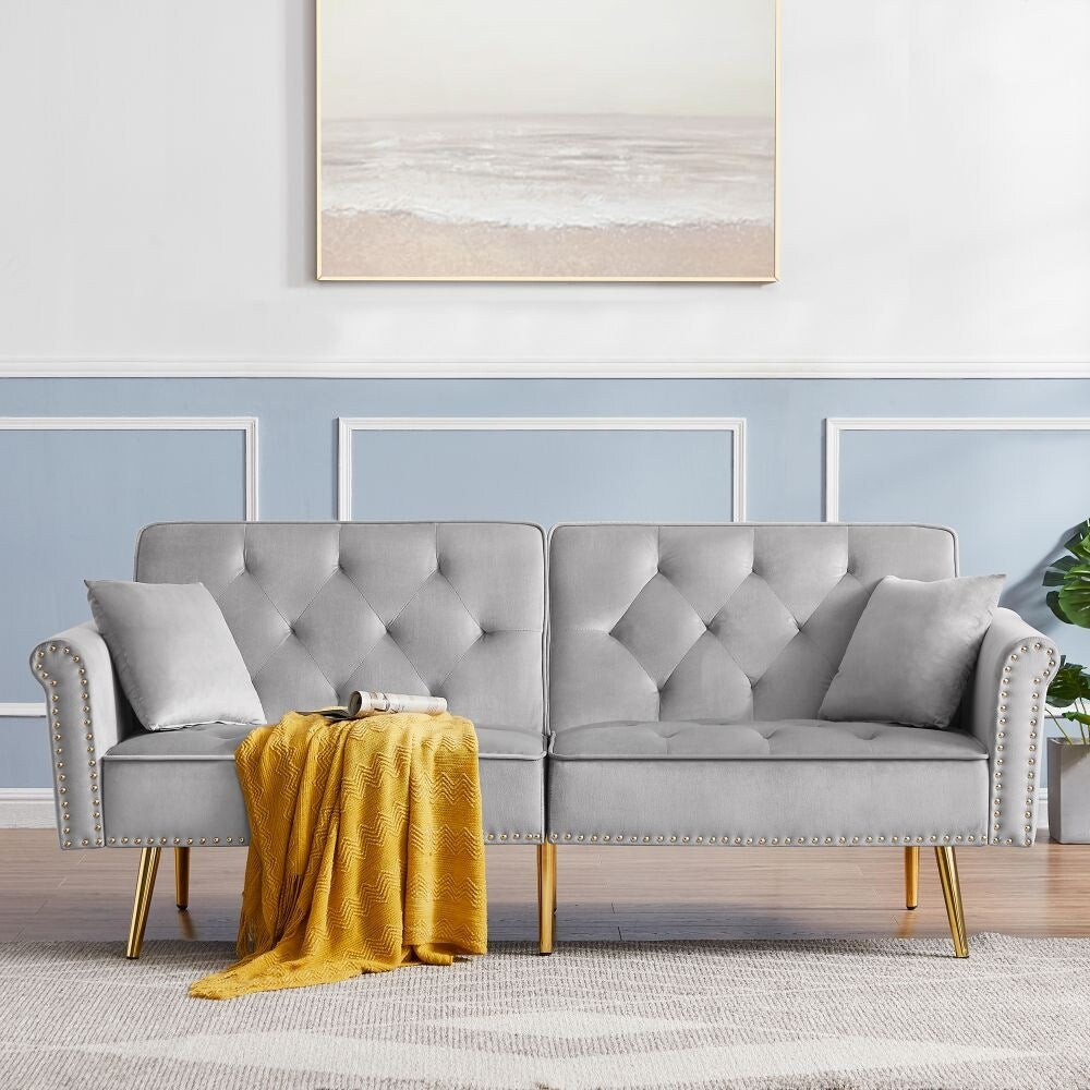 Velvet Tufted Sofa Couch with 2 Pillows and Nailhead Trim
