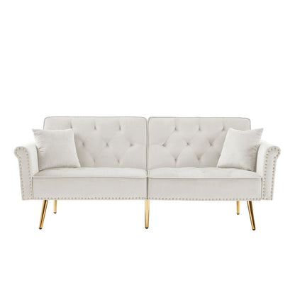 Velvet Tufted Sofa Couch with 2 Pillows and Nailhead Trim