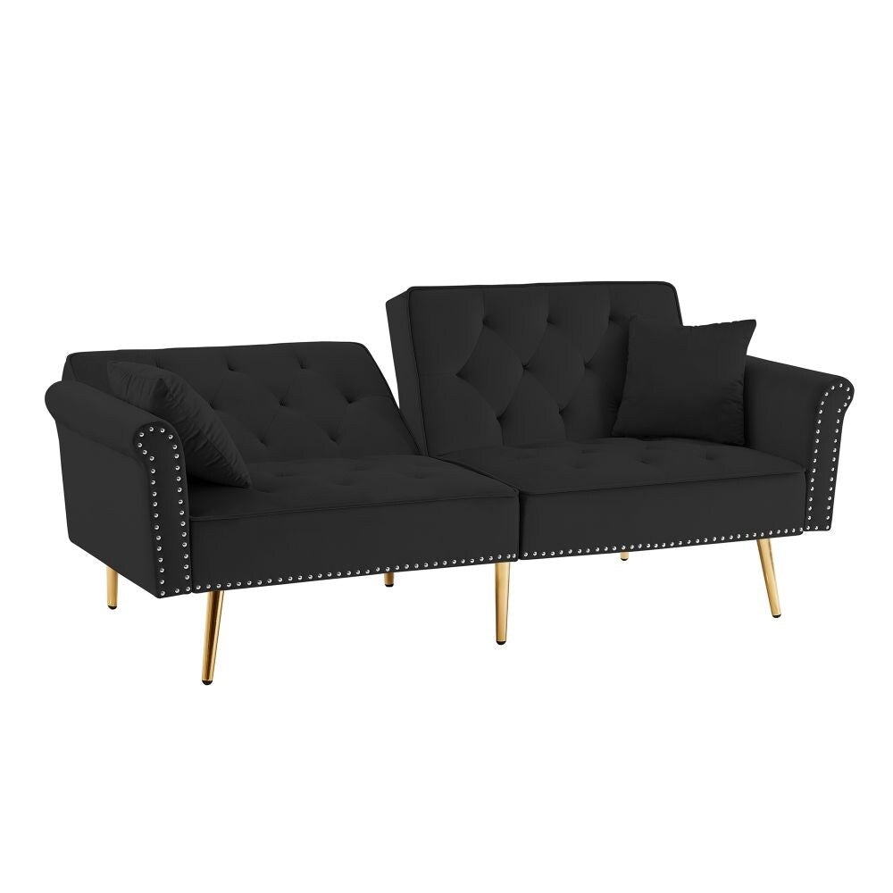 Velvet Tufted Sofa Couch with 2 Pillows and Nailhead Trim