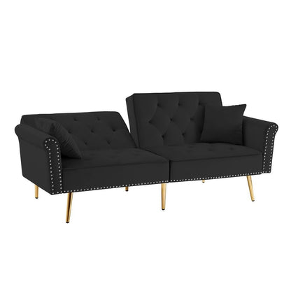 Velvet Tufted Sofa Couch with 2 Pillows and Nailhead Trim