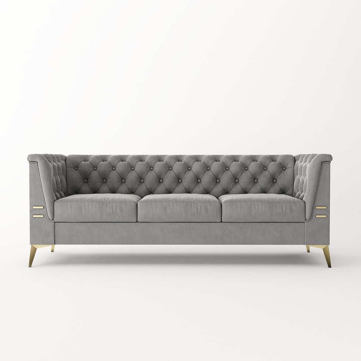 Velvet Upholstered 3-Seater Sofa Modern Living Room Couch Sofa with Deep Button Tufting Sofa and Metal Legs, Square Arms