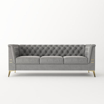 Velvet Upholstered 3-Seater Sofa Modern Living Room Couch Sofa with Deep Button Tufting Sofa and Metal Legs, Square Arms