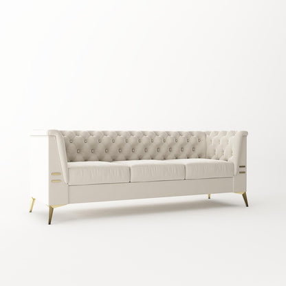 Velvet Upholstered 3-Seater Sofa Modern Living Room Couch Sofa with Deep Button Tufting Sofa and Metal Legs, Square Arms