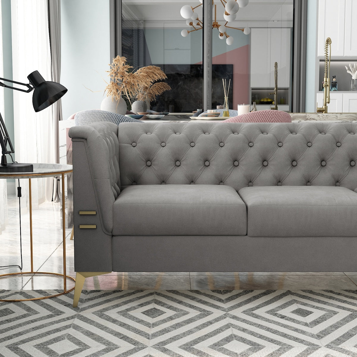 Velvet Upholstered 3-Seater Sofa Modern Living Room Couch Sofa with Deep Button Tufting Sofa and Metal Legs, Square Arms