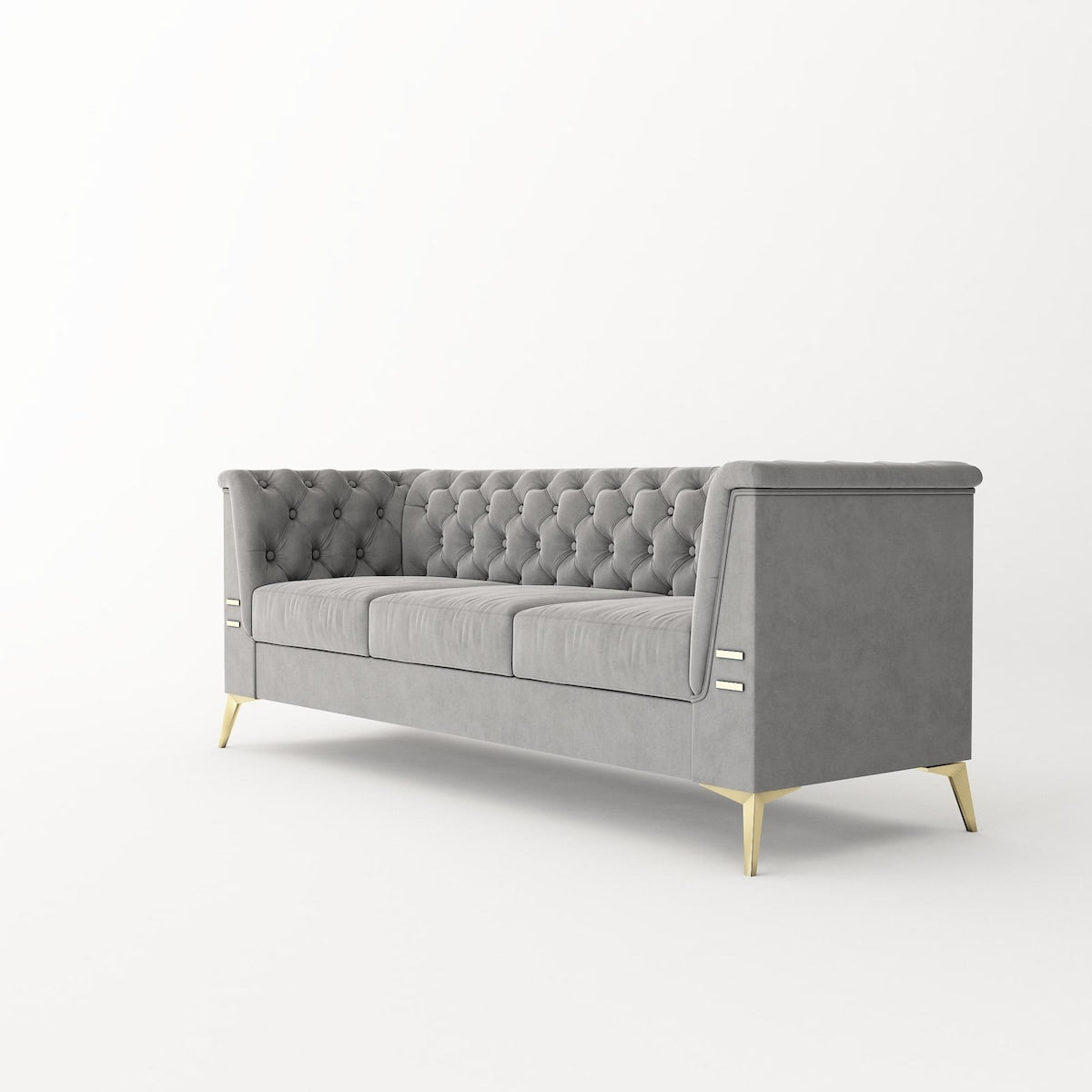 Velvet Upholstered 3-Seater Sofa Modern Living Room Couch Sofa with Deep Button Tufting Sofa and Metal Legs, Square Arms