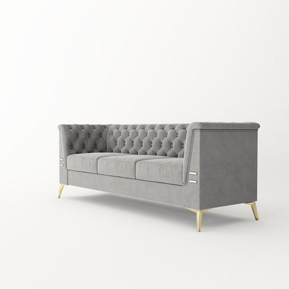 Velvet Upholstered 3-Seater Sofa Modern Living Room Couch Sofa with Deep Button Tufting Sofa and Metal Legs, Square Arms