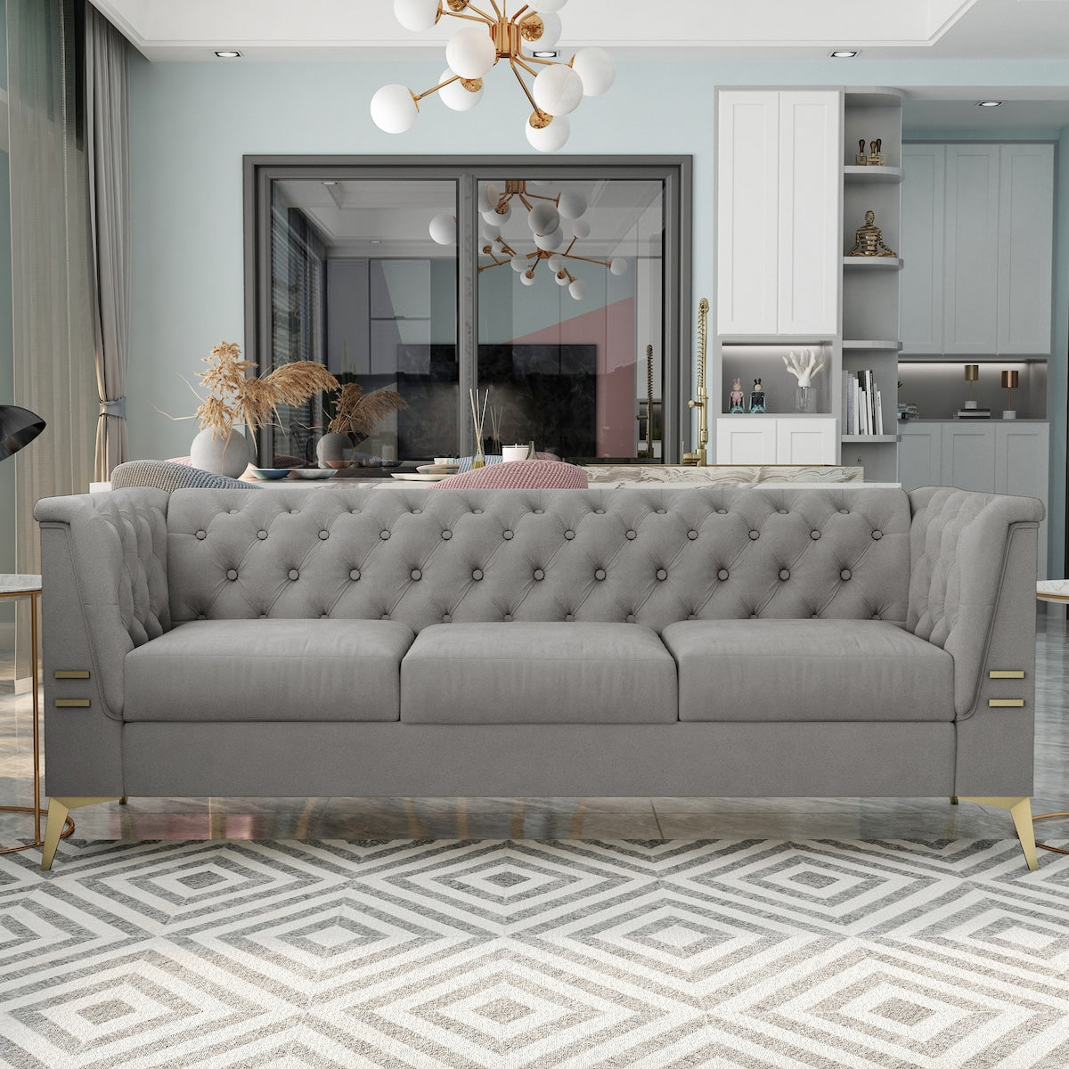 Velvet Upholstered 3-Seater Sofa Modern Living Room Couch Sofa with Deep Button Tufting Sofa and Metal Legs, Square Arms