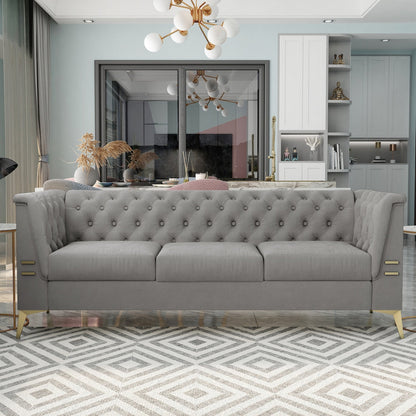 Velvet Upholstered 3-Seater Sofa Modern Living Room Couch Sofa with Deep Button Tufting Sofa and Metal Legs, Square Arms