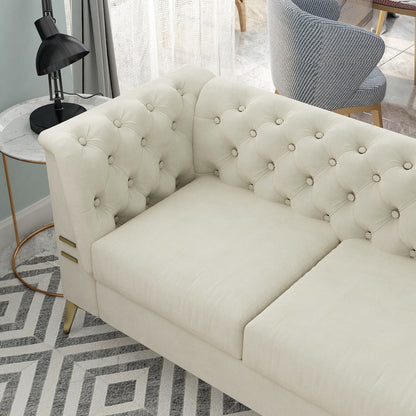 Velvet Upholstered 3-Seater Sofa Modern Living Room Couch Sofa with Deep Button Tufting Sofa and Metal Legs, Square Arms