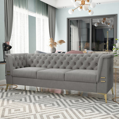 Velvet Upholstered 3-Seater Sofa Modern Living Room Couch Sofa with Deep Button Tufting Sofa and Metal Legs, Square Arms
