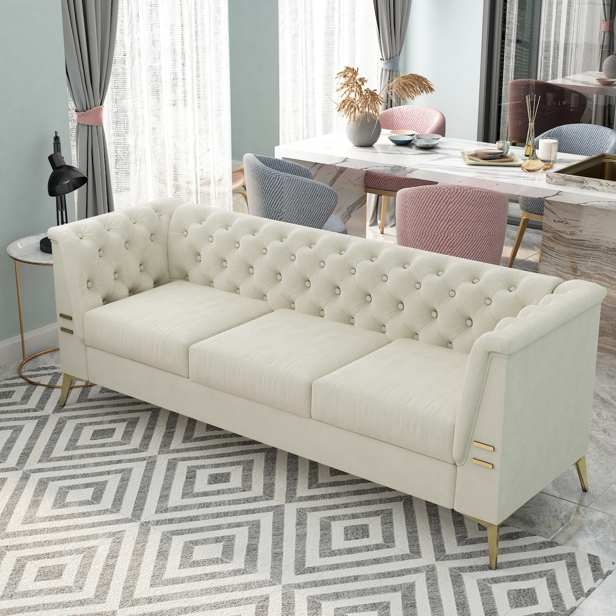 Velvet Upholstered 3-Seater Sofa Modern Living Room Couch Sofa with Deep Button Tufting Sofa and Metal Legs, Square Arms