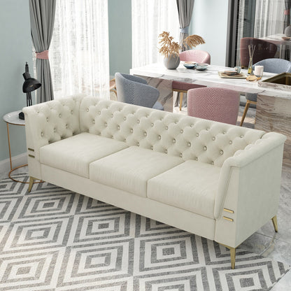 Velvet Upholstered 3-Seater Sofa Modern Living Room Couch Sofa with Deep Button Tufting Sofa and Metal Legs, Square Arms