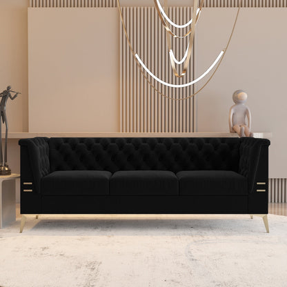 Velvet Upholstered 3-Seater Sofa Modern Living Room Couch Sofa with Deep Button Tufting Sofa and Metal Legs, Square Arms