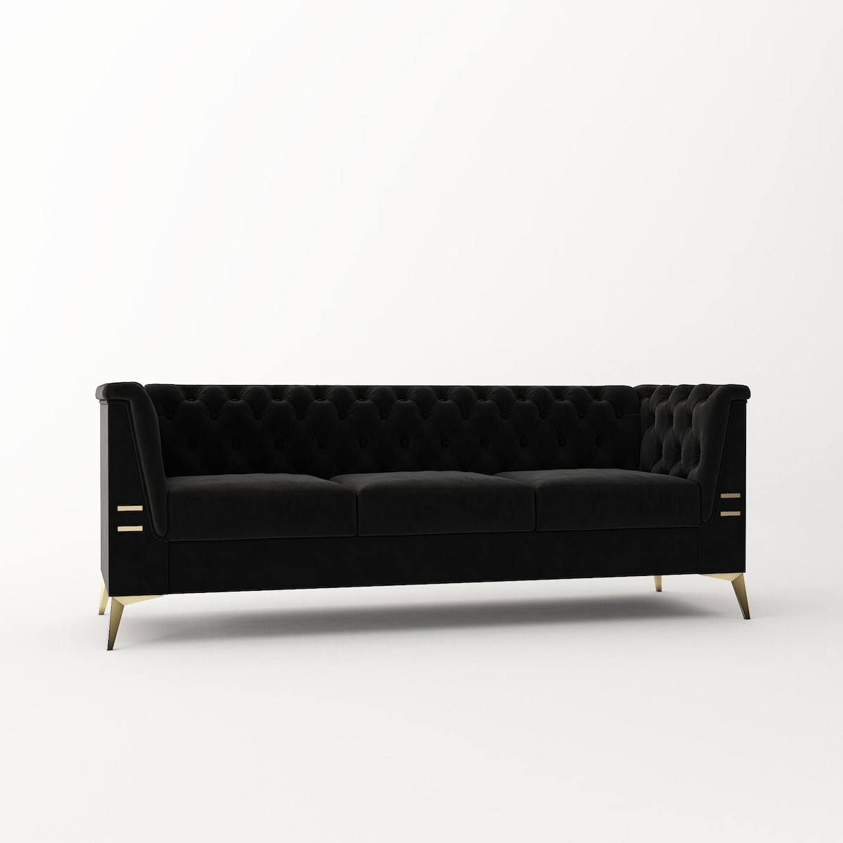 Velvet Upholstered 3-Seater Sofa Modern Living Room Couch Sofa with Deep Button Tufting Sofa and Metal Legs, Square Arms