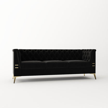 Velvet Upholstered 3-Seater Sofa Modern Living Room Couch Sofa with Deep Button Tufting Sofa and Metal Legs, Square Arms