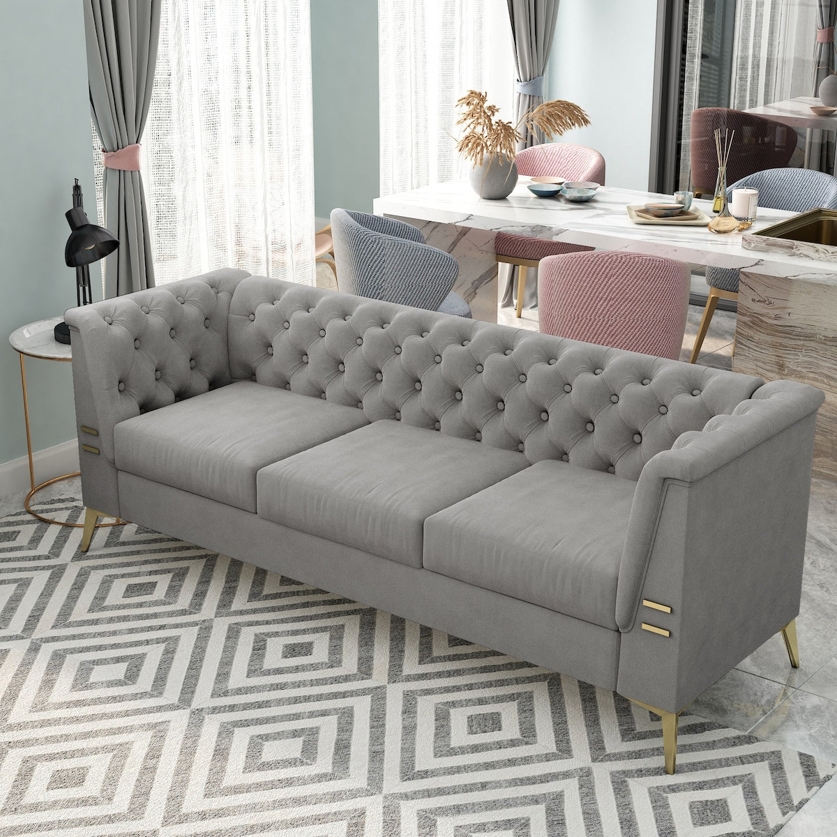 Velvet Upholstered 3-Seater Sofa Modern Living Room Couch Sofa with Deep Button Tufting Sofa and Metal Legs, Square Arms