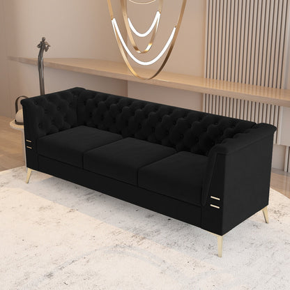 Velvet Upholstered 3-Seater Sofa Modern Living Room Couch Sofa with Deep Button Tufting Sofa and Metal Legs, Square Arms