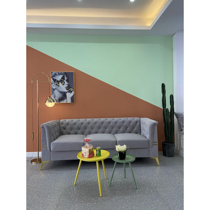 Velvet Upholstered 3-Seater Sofa Modern Living Room Couch Sofa with Deep Button Tufting Sofa and Metal Legs, Square Arms