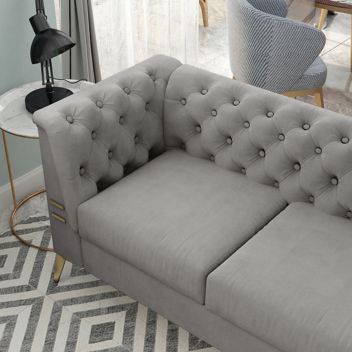 Velvet Upholstered 3-Seater Sofa Modern Living Room Couch Sofa with Deep Button Tufting Sofa and Metal Legs, Square Arms