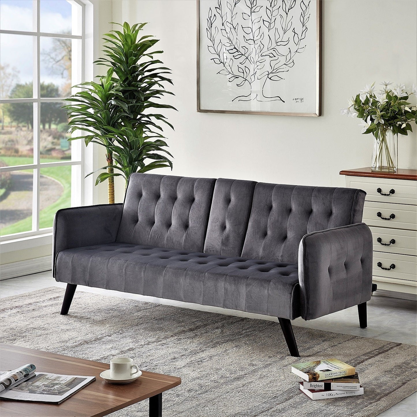 Velvet Upholstered Convertible Folding Futon Sofa Bed Sleeper Couch with 2 Cup Holders for Compact Living Room