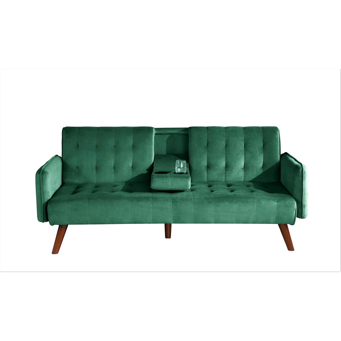 Velvet Upholstered Convertible Folding Futon Sofa Bed Sleeper Couch with 2 Cup Holders for Compact Living Room