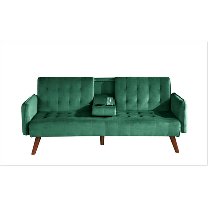 Velvet Upholstered Convertible Folding Futon Sofa Bed Sleeper Couch with 2 Cup Holders for Compact Living Room