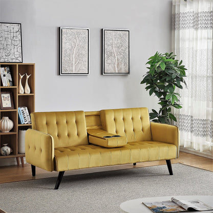 Velvet Upholstered Convertible Folding Futon Sofa Bed Sleeper Couch with 2 Cup Holders for Compact Living Room
