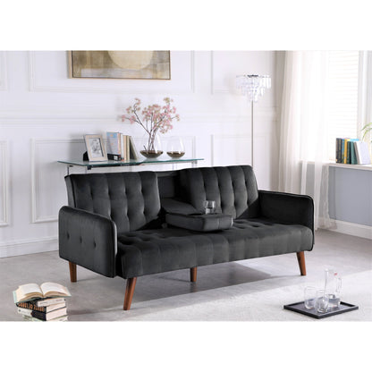 Velvet Upholstered Convertible Folding Futon Sofa Bed Sleeper Couch with 2 Cup Holders for Compact Living Room