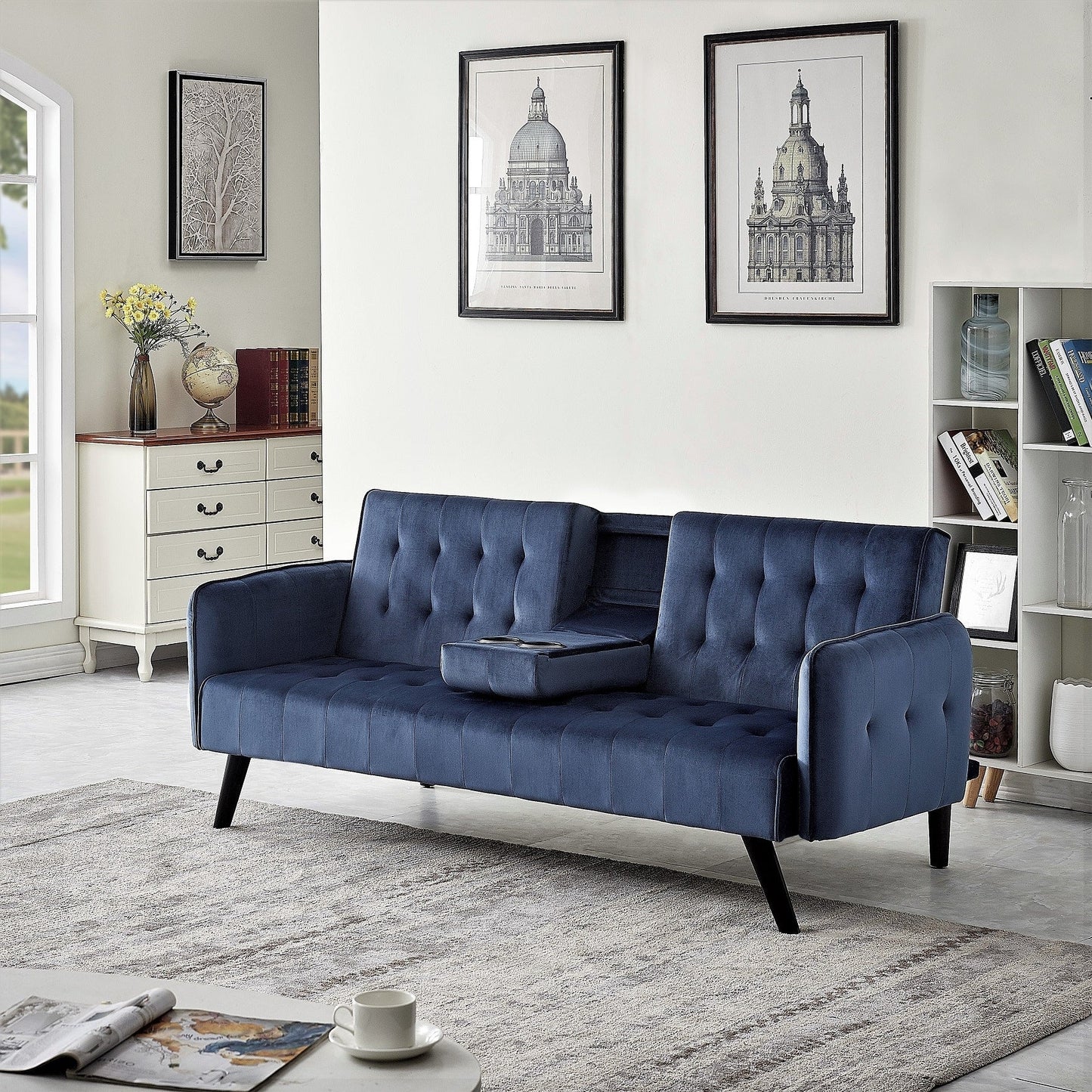 Velvet Upholstered Convertible Folding Futon Sofa Bed Sleeper Couch with 2 Cup Holders for Compact Living Room