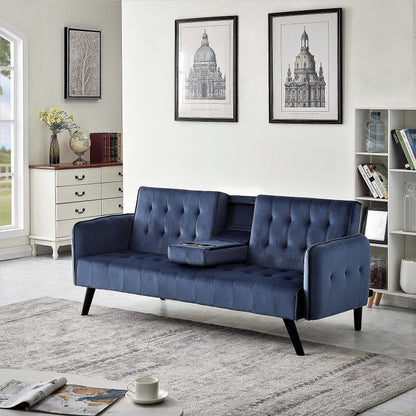 Velvet Upholstered Convertible Folding Futon Sofa Bed Sleeper Couch with 2 Cup Holders for Compact Living Room