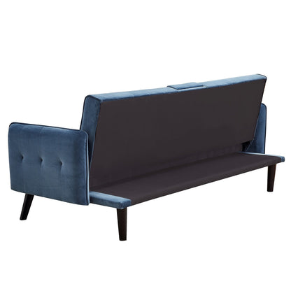 Velvet Upholstered Convertible Folding Futon Sofa Bed Sleeper Couch with 2 Cup Holders for Compact Living Room